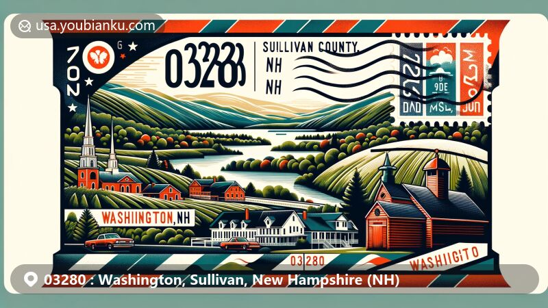 Modern illustration of Washington, Sullivan County, New Hampshire, showcasing postal theme with ZIP code 03280, featuring rural charm, natural landscapes, and iconic New England architecture.