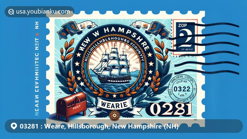 Modern illustration of Weare, Hillsborough County, New Hampshire, showcasing postal theme with ZIP code 03281, featuring state flag with frigate Raleigh, laurel leaves, and stars.
