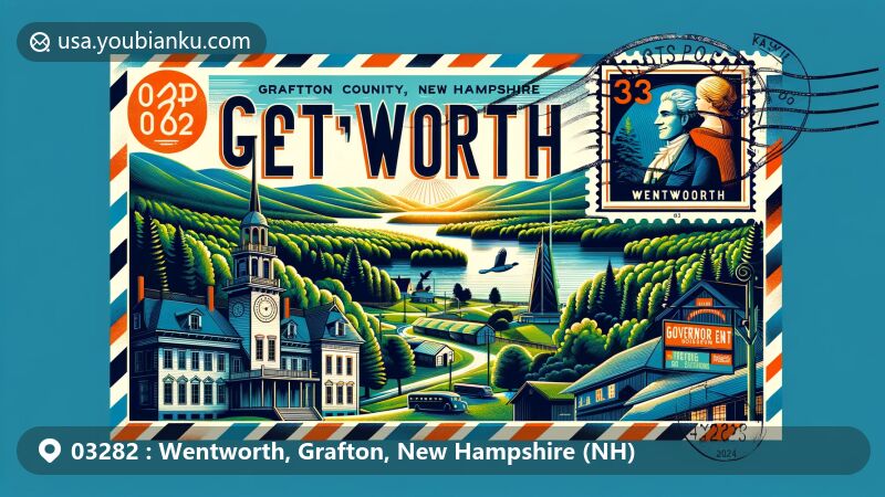 Modern illustration of Wentworth, Grafton County, New Hampshire, highlighting ZIP code 03282, featuring iconic landscapes and Governor Wentworth Historic Site.