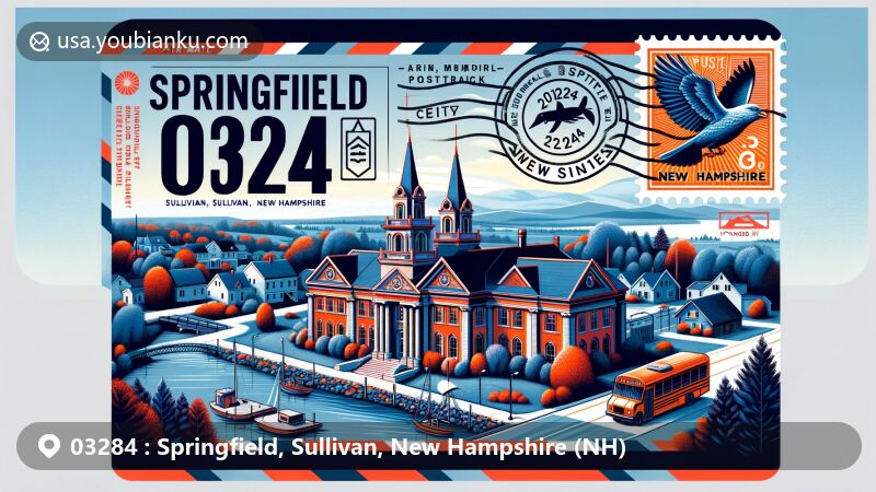 Colorful illustration of Springfield, Sullivan, New Hampshire showcasing ZIP code 03284 in a vibrant air mail envelope design, featuring Springfield Town Hall, Howard Memorial Methodist Church, Blackwater River, forests, and rolling hills.