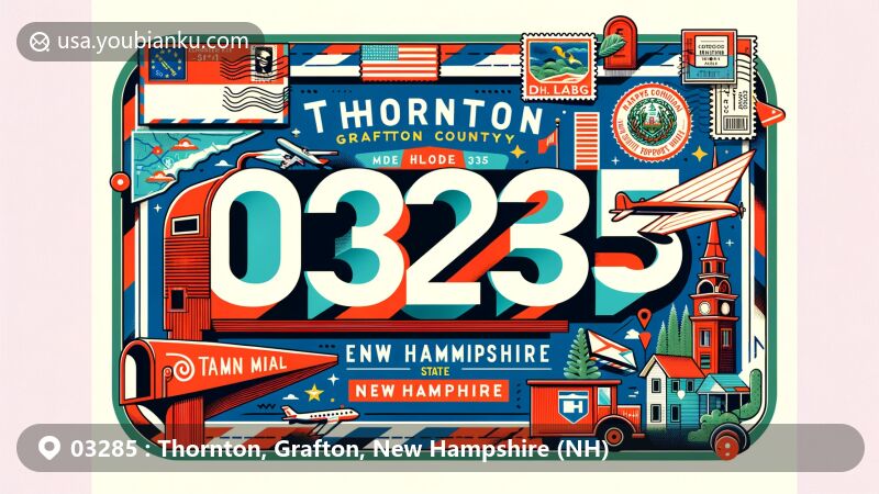 Modern illustration of Thornton, Grafton County, New Hampshire, featuring postal theme with ZIP code 03285, incorporating state flag, county map, and local landmarks.
