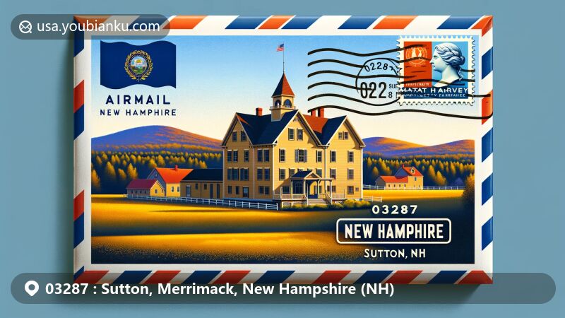 Modern illustration of Matthew Harvey House in Sutton, New Hampshire, featuring typical New England countryside landscape on a wide-angle air mail envelope, adorned with the state flag and a stamp with '03287 Sutton, NH' postmark.