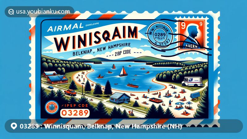 Modern illustration of Winnisquam, Belknap, New Hampshire, showcasing postal theme with ZIP code 03289, featuring Lake Winnisquam, Ahern State Park, and vintage postal elements.