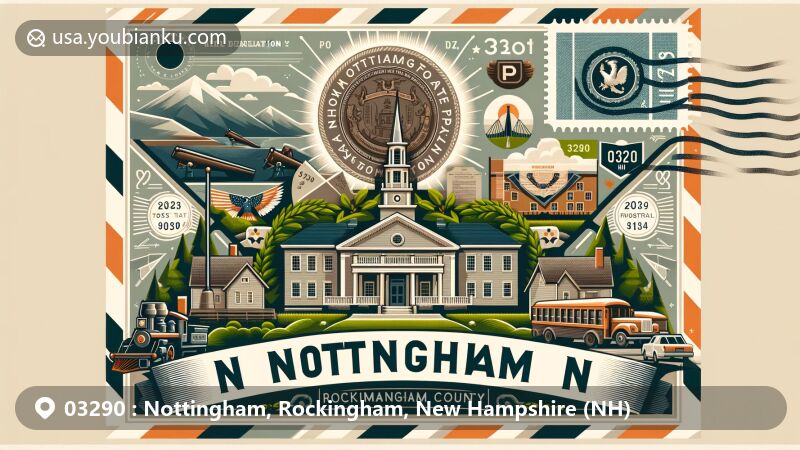 Modern illustration of Nottingham, New Hampshire, featuring Pawtuckaway State Park, Pawtuckaway Mountains, and historic Nottingham Square Schoolhouse Museum, with Rockingham County emblem and postal elements like stamp, postmark, ZIP Code, mailbox, and mail truck.