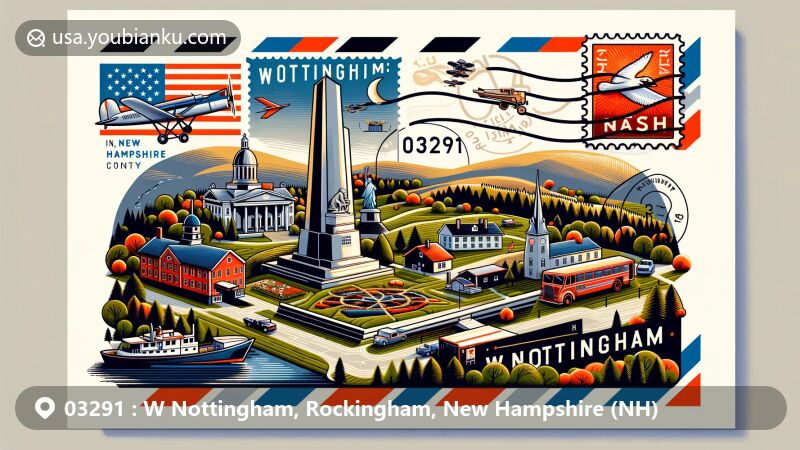 Modern illustration of W Nottingham, Rockingham County, New Hampshire, showcasing postal theme with ZIP code 03291, featuring Pawtuckaway State Park, Jenness Farm, and the Four General’s Monument.