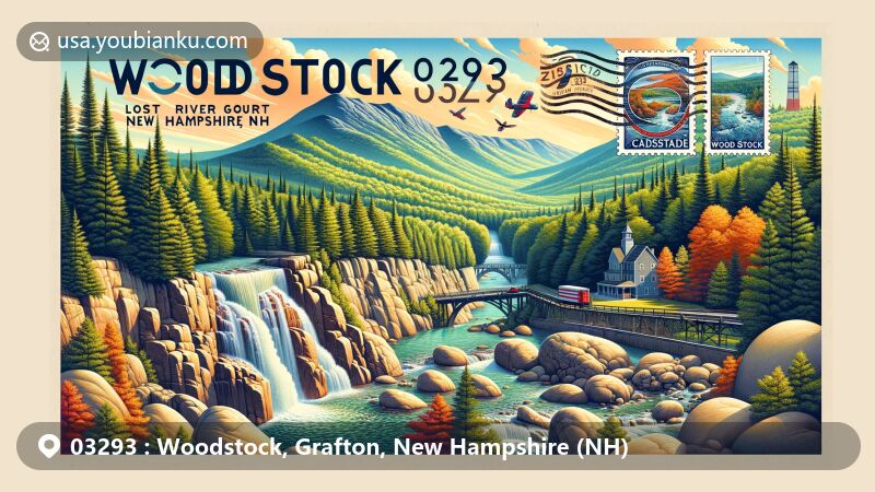 Modern illustration of Woodstock, Grafton County, New Hampshire, showcasing Lost River Gorge, Boulder Caves, and Cascade Falls in vibrant detail, with a backdrop of the White Mountains and postal-themed elements hinting at ZIP code 03293.