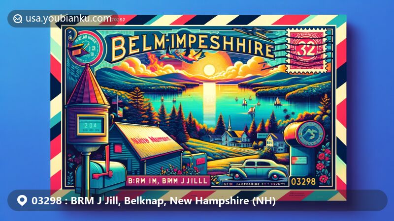 Modern illustration of BRM J Jill, Belknap County, New Hampshire, featuring Lake Winnipesaukee and the state flag, with vintage postal theme including '03298' ZIP code and postal elements.