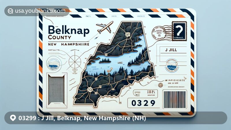 Modern illustration of J Jill, Belknap County, New Hampshire, featuring a creative airmail envelope design with postal elements and Lake Winnipesaukee image.