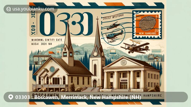 Modern illustration of Boscawen, Merrimack County, New Hampshire, showcasing postal theme with ZIP code 03303, featuring Hannah Duston Memorial State Historic Site and Boscawen Public Library.