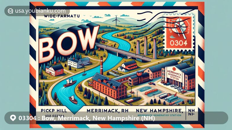 Modern illustration of Bow, Merrimack, New Hampshire, highlighting Picked Hill, historic Bow Canal, Bow Mills, and Merrimack Generation Station in a postcard design with airmail envelope theme showcasing postal code 03304.