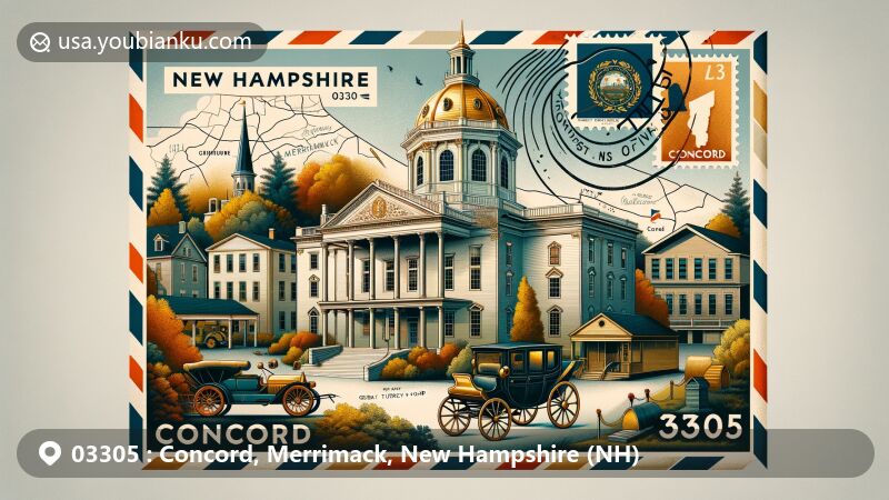 Modern illustration of Concord, New Hampshire, showcasing postal theme with ZIP code 03305, featuring State House, local landmarks, and cultural elements like Great Turkey Pond and Canterbury Shaker Village.