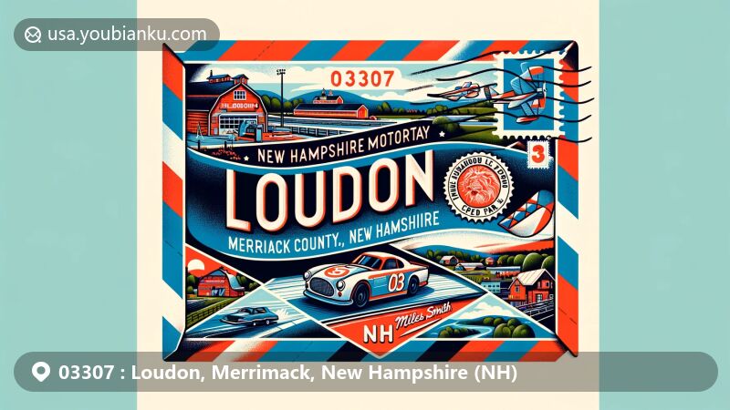 Vibrant illustration of Loudon, Merrimack County, New Hampshire, showcasing postal theme with ZIP code 03307, featuring New Hampshire Motor Speedway, Meadow Ledge Farm, Miles Smith Farm, and local cultural stamp.