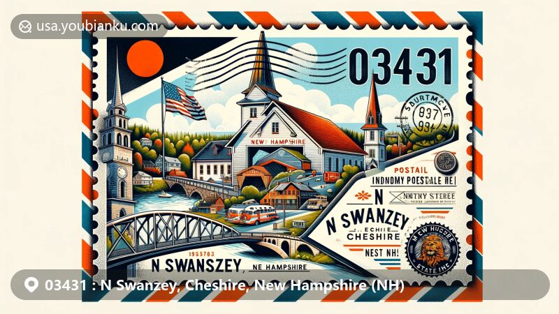 Modern illustration of N Swanzey, Cheshire, New Hampshire (NH), showcasing vintage airmail envelope with postage stamp, postmarks, and New Hampshire state flag, featuring Ashuelot Bridge and elements representing Swanzey's beauty and history, creatively incorporating ZIP code 03431.