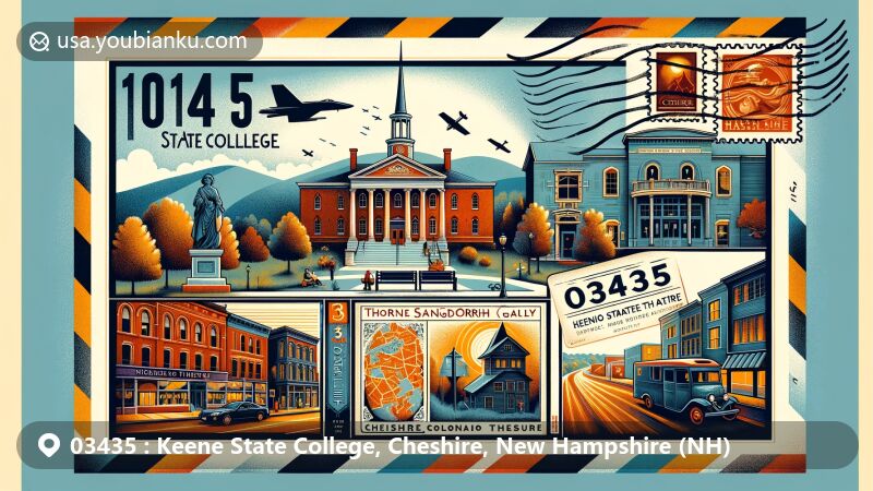Vibrant illustration of Keene State College, Cheshire, New Hampshire, capturing regional and postal elements with landmarks like Thorne Sagendorph Art Gallery, Colonial Theatre, and Horatio Colony Museum, along with postal symbols such as a vintage stamp with '03435', date stamp, quaint mailbox, and old mail truck.