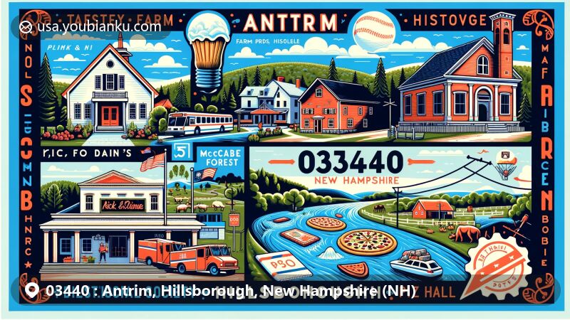 Modern illustration of Antrim, Hillsborough County, New Hampshire, featuring unique elements like Tenney Farm products and ice cream, McCabe Forest hiking trails and river views, Antrim Historical Society, Rick & Diane’s Brick Oven Pizzeria, and town hall murals. Showcasing natural landscapes and community spirit.
