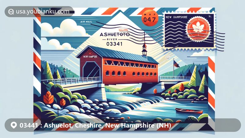 Modern illustration of Ashuelot, showcasing postal theme with ZIP code 03441, featuring Ashuelot Covered Bridge and River, incorporating New Hampshire state flag and postal elements.
