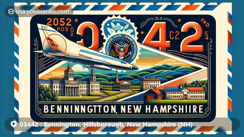 Modern illustration of Bennington, Hillsborough, New Hampshire, showcasing postal theme with ZIP code 03442, featuring local landmarks and New Hampshire state flag stamp.