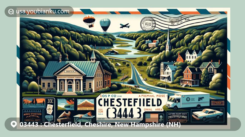 Modern illustration of Chesterfield, NH, highlighting ZIP code 03443, featuring Madame Sherri Forest, Chesterfield Gorge Natural Area, Actors Theatre Playhouse, Chesterfield Historical Society, and Road’s End Farm.