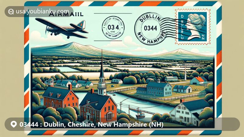 Modern illustration of Dublin, Cheshire County, New Hampshire, showcasing postal theme with ZIP code 03444, featuring Yankee Magazine's historic building, Dublin Pond, and Mount Monadnock in classic New England style.