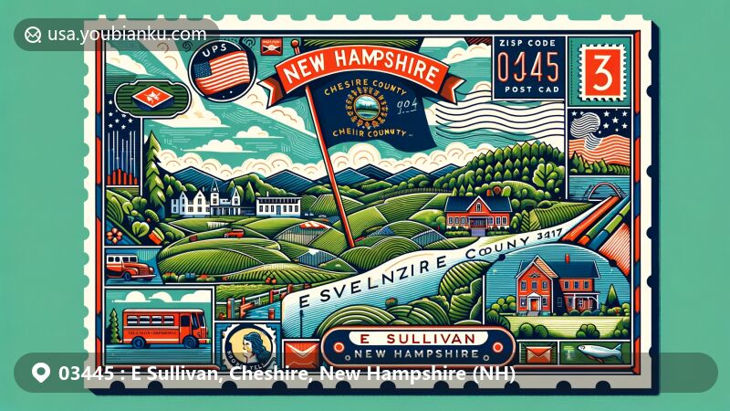 Detailed illustration of E Sullivan, Cheshire County, New Hampshire, showcasing postal theme with ZIP code 03445; featuring state flag, rolling hills, lush greenery, county map outline, local landmarks, vintage postage stamp, ink postal stamp mark, and classic red mailbox.