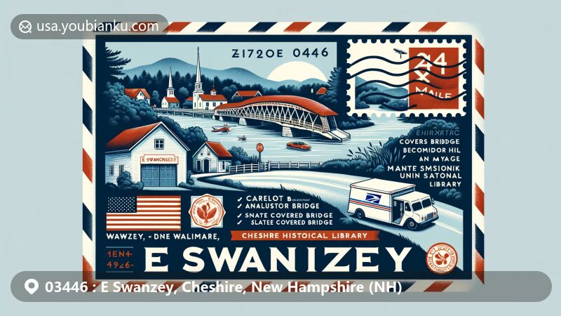 Modern illustration of E Swanzey, Cheshire County, New Hampshire, featuring postal theme with ZIP code 03446, showcasing Ashuelot River, historic covered bridges, Swanzey Historical Museum, and Mt. Caesar Union Library.