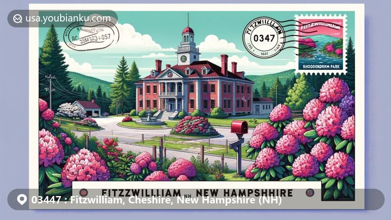 Modern illustration of Fitzwilliam, Cheshire County, New Hampshire, capturing the beauty of Rhododendron State Park and the town's historic architecture, featuring postal elements like vintage stamp with state flag and classic mailbox.