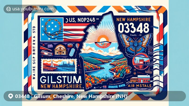 Modern illustration of Gilsum, Cheshire County, New Hampshire, designed as a wide postcard or air mail envelope, featuring New Hampshire state flag, Cheshire County map, cultural symbol, and postal elements.