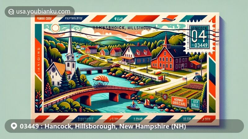 Vintage illustration of Hancock, Hillsborough County, New Hampshire, featuring landmarks like Hancock Village Historic District, covered bridge, and orchard, blending historical and natural elements with postal theme.