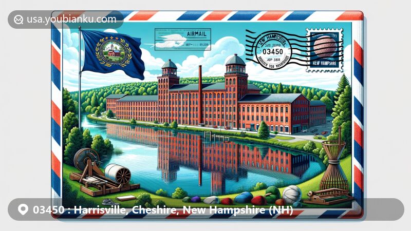 Modern illustration of Harrisville, New Hampshire, featuring iconic red brick textile mills of Harrisville Historic District reflecting in Harrisville Pond, surrounded by lush greenery, adorned with elements of wool yarn and weaving tools, and showcasing New Hampshire flag and postage stamp with ZIP Code 03450.