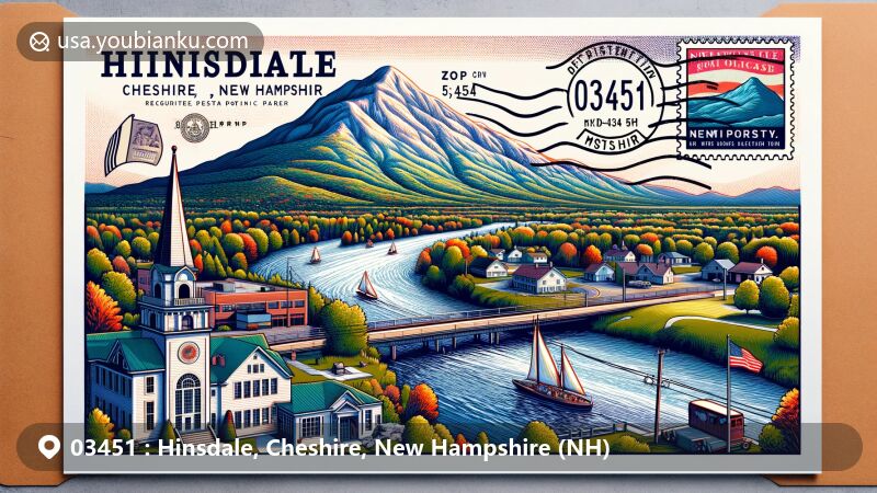 Vibrant illustration of Hinsdale, Cheshire, New Hampshire (NH), showcasing Wantastiquet Mountain, Ebenezer Hinsdale House, and Pisgah State Park in a postcard layout with postal elements.