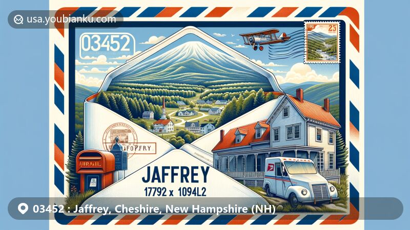 Modern illustration of Jaffrey, Cheshire, New Hampshire, showcasing postal theme with ZIP code 03452, featuring Grand Monadnock Mountain, Jaffrey countryside, historic buildings, old-fashioned mailbox, and mail truck.