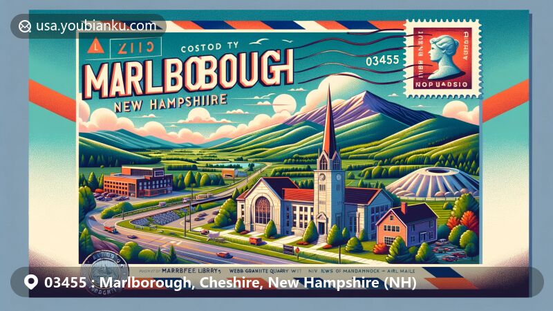 Modern illustration of Marlborough, New Hampshire, showcasing postal theme with ZIP code 03455, featuring Frost Free Library, Webb Granite Quarry, and scenic view of Monadnock Mountain, blending iconic landmarks into lush green hills of rural New Hampshire.