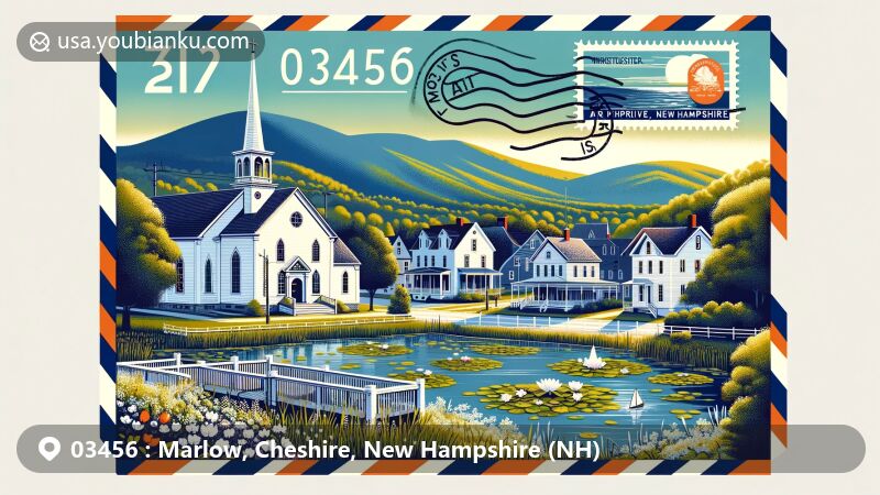 Modern illustration of Marlow, Cheshire, New Hampshire, showcasing postal theme with ZIP code 03456, featuring white church, clapboard buildings, lily pond, postal elements like stamp and postmark.
