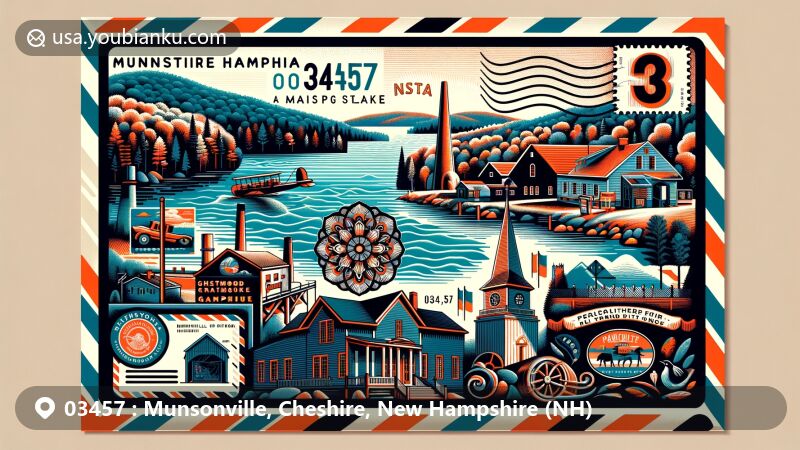 Modern illustration of Munsonville, Cheshire County, New Hampshire, showcasing postal theme with ZIP code 03457, featuring Granite Lake and town historical landmarks.