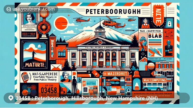 Modern illustration of Peterborough, Hillsborough County, New Hampshire, showcasing cultural and historical landmarks like the first tax-supported free public library from 1833, the Mariarden summer theatre, and iconic figures like Bette Davis and Paul Robeson.