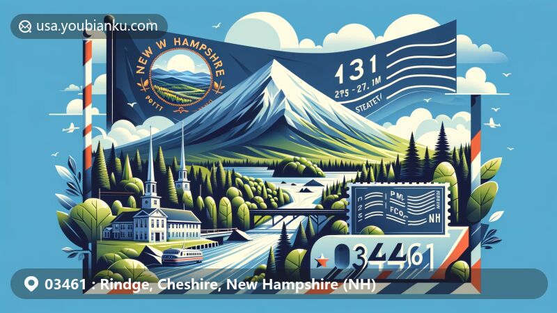 Modern illustration of Rindge, Cheshire County, New Hampshire, showcasing Mount Monadnock and natural beauty, with New Hampshire state flag, postal theme featuring postcard or air mail envelope, stamp, postmark, and ZIP code 03461.