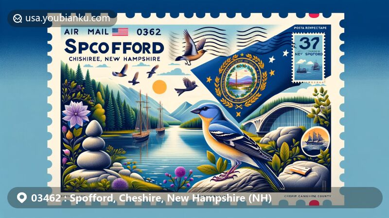 现代插图，展示新罕布什尔州切斯特菲尔德镇斯波福德地区，邮政编码03462，描绘了富有创意的航空邮件信封，内有斯波福德湖、新罕布什尔州州旗和州鸟紫雀，背景有吉尔瑟姆石拱桥。邮政与地方特色融合，极具视觉吸引力和象征意义。