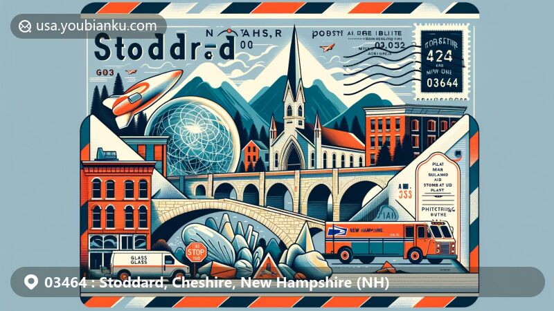 Modern illustration of Stoddard, New Hampshire, showcasing postal theme with ZIP code 03464, featuring Stone Arch Bridge, Pitcher Mountain, and stylized glass artifacts, capturing the town's unique characteristics.