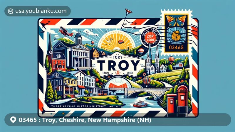 Vintage illustration of Troy, Cheshire, New Hampshire (NH) with postal theme and ZIP code 03465, featuring Troy Village Historic District and Monadnock Region scenery.