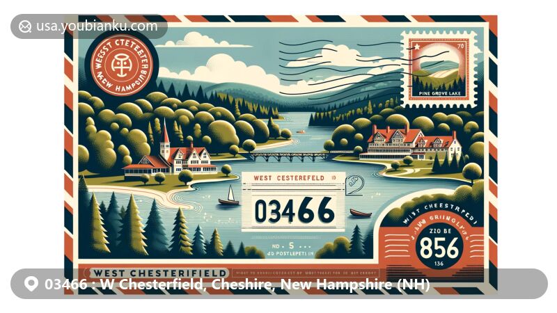 Modern illustration of West Chesterfield, New Hampshire, showcasing natural beauty with lush forests, Spofford Lake, and historical sites like Pine Grove Springs Hotel, featuring postal elements like stamps and ZIP code 03466.