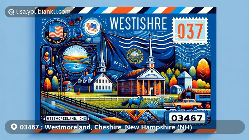 Vibrant illustration of Westmoreland, Cheshire, New Hampshire, depicting Park Hill Meeting House, Cheshire County's agricultural heritage, and New Hampshire state flag.