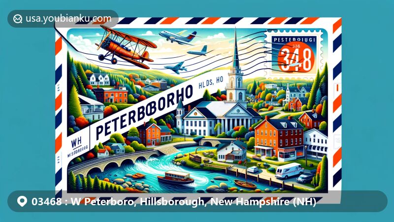Modern illustration of W Peterboro, Hillsborough, New Hampshire, showcasing ZIP code 03468, featuring Contoocook River, Nubanusit Brook, historic buildings, MacDowell Colony, and Peterborough Town Library.