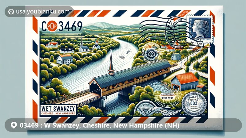 Modern illustration of W Swanzey, Cheshire County, New Hampshire, showcasing postal theme with ZIP code 03469, featuring West Swanzey Covered Bridge and lush natural landscapes.