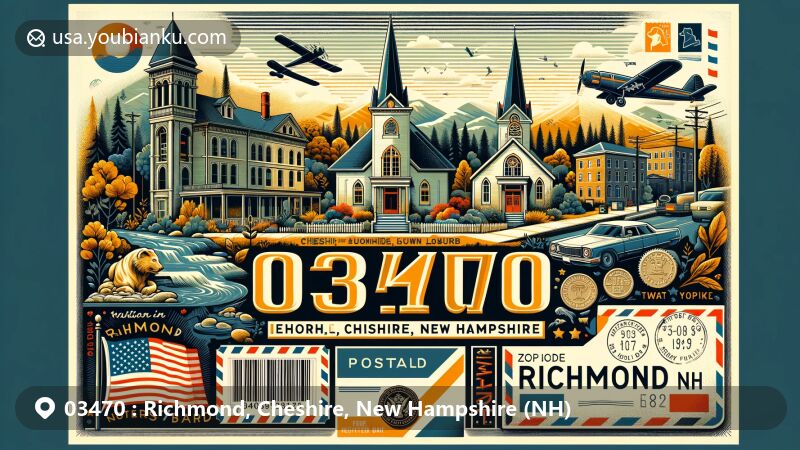 Modern illustration of Richmond, Cheshire County, New Hampshire, showcasing postal theme with ZIP code 03470, featuring local landmarks and New Hampshire state symbols.