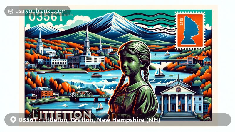 Modern illustration of Littleton, Grafton County, New Hampshire, showcasing postal theme with ZIP code 03561, featuring White Mountains, Connecticut River, Moore Reservoir, and bronze Pollyanna statue.