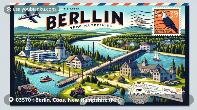 Modern illustration of Berlin, New Hampshire, showcasing postal theme with ZIP code 03570, featuring Androscoggin River, White Mountain National Forest, Moffett House Museum & Genealogy Center, Androscoggin Valley Country Club Golf Course, ATV, and Nansen Ski Jump.