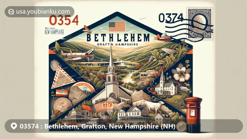 Modern illustration of Bethlehem, Grafton County, New Hampshire, featuring vintage airmail envelope with ZIP code 03574, showcasing Rocks Estate, White Mountains, and hay fever relief history.