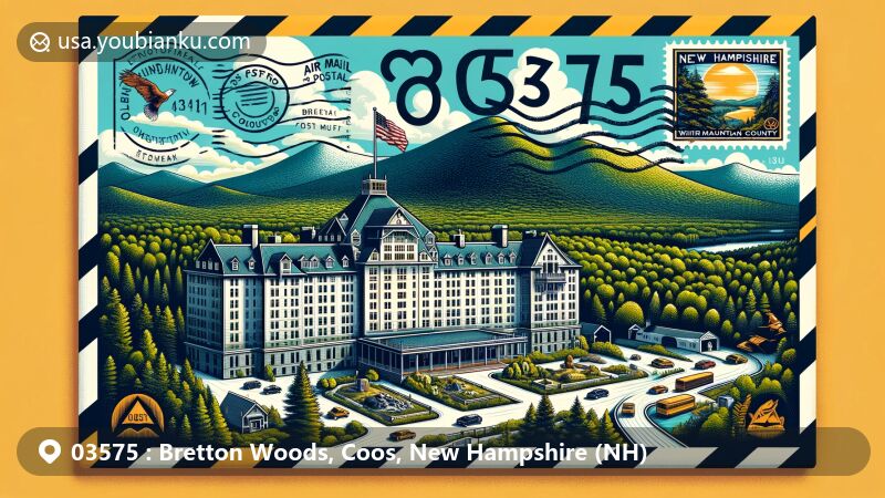 Modern illustration of Bretton Woods, Coos County, New Hampshire, featuring a postal theme with ZIP code 03575, showcasing Mount Washington Hotel, Presidential Range, and White Mountain National Forest.