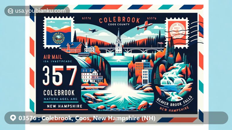 Modern illustration of Colebrook, Coos County, New Hampshire, featuring Beaver Brook Falls Natural Area and postal theme with ZIP code 03576, showcasing New Hampshire state flag.