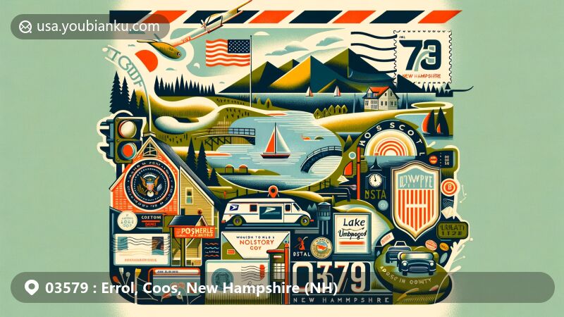 Modern illustration of Errol, Coos County, New Hampshire, featuring postal theme with ZIP code 03579, showcasing Lake Umbagog, Androscoggin River, New Hampshire state symbols, and rural beauty.